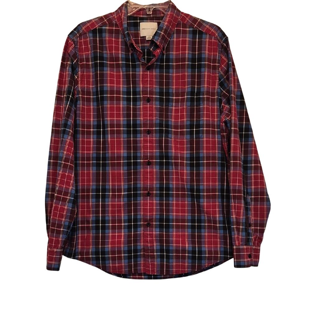 American Eagle Outfitters Red and Blue Plaid Button-Down Shirt Size Large
